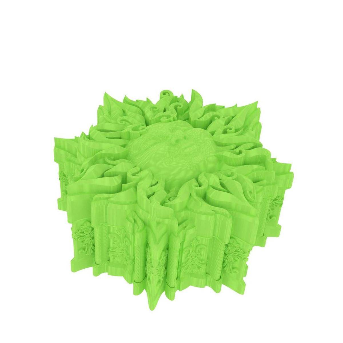 Leuchtend grüner 3D-gerenderter Schmuckwürfel mit aufwendigen Blumen- und scrollartigen Reliefs, isoliert auf weißem Hintergrund dargestellt.