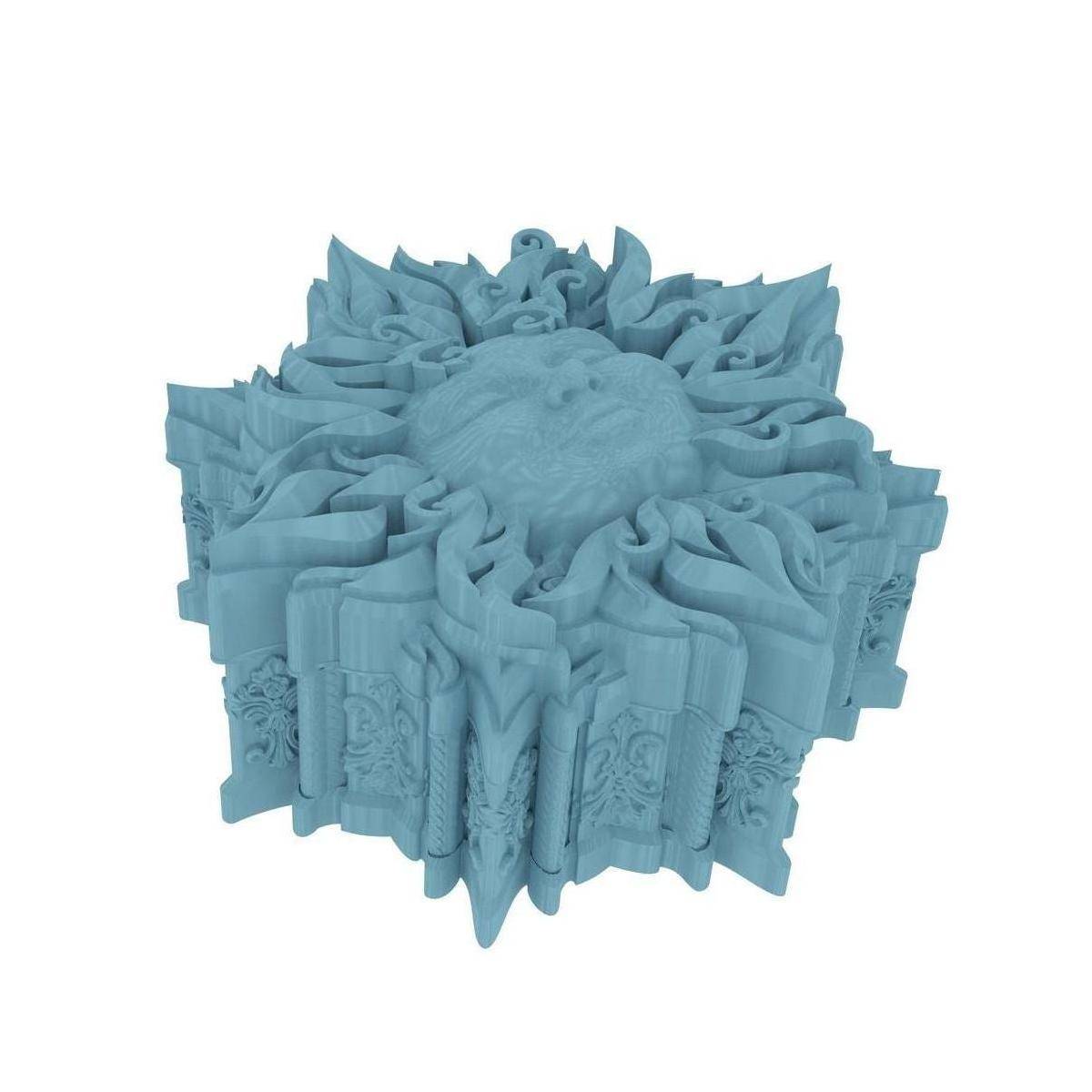 Blauer 3D-gerenderter ornamentaler sternenförmiger dekorativer Gegenstand auf weißem Hintergrund, ähnelnd einer geschnitzten oder geprägten Schachteln.