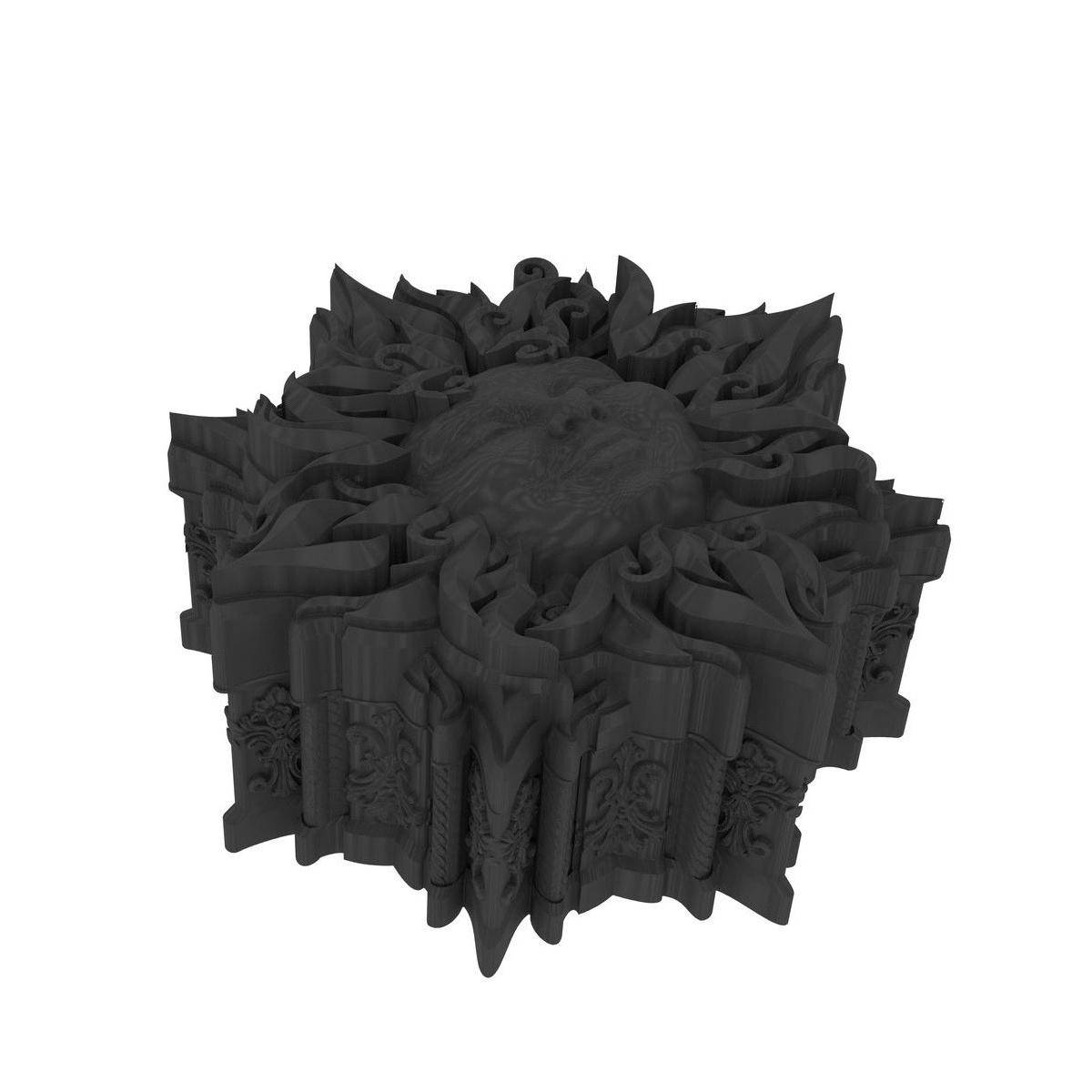 Schwarzes verziertes kreisförmiges 3D-Objekt mit geschichteten, blütenblattartigen Rippen und erhöhter Mitte, auf weißem Hintergrund dargestellt.