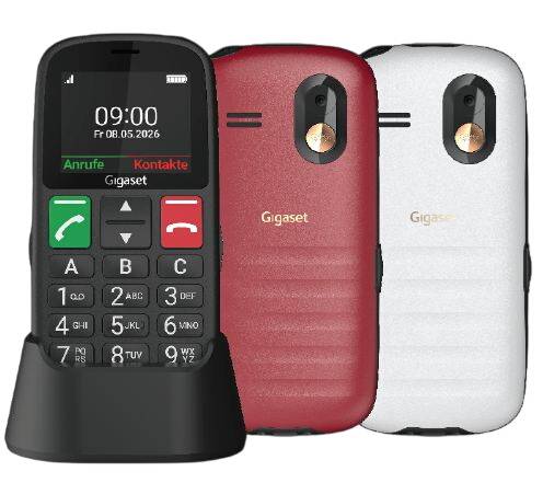 Drei Gigaset-Mobiltelefone in Schwarz, Rot und Weiß; das schwarze Telefon sitzt in einer Ladestation und zeigt einen Anrufbildschirm.