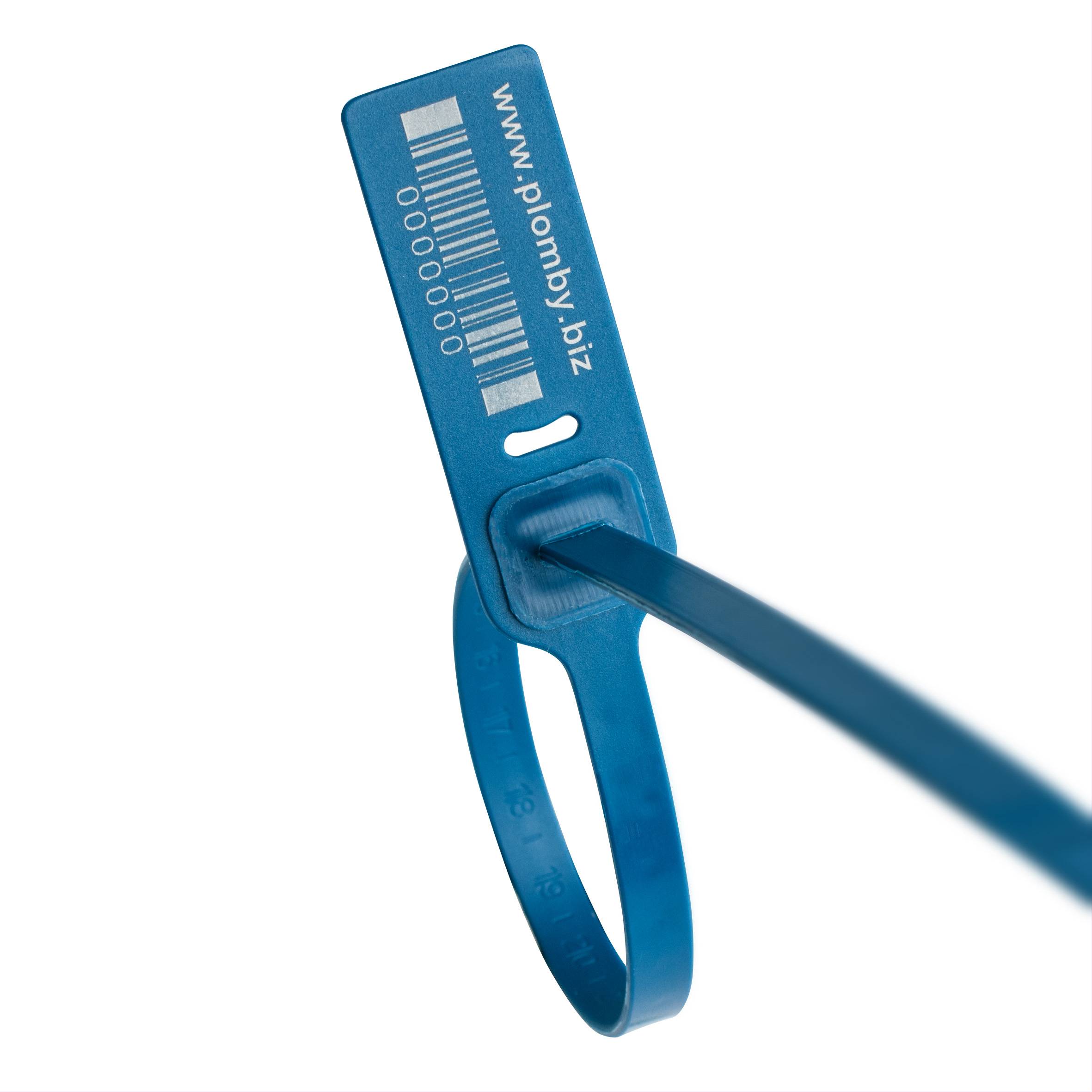 Blauer Kunststoff-Sicherheitstag mit Barcode und „www.flompy.biz