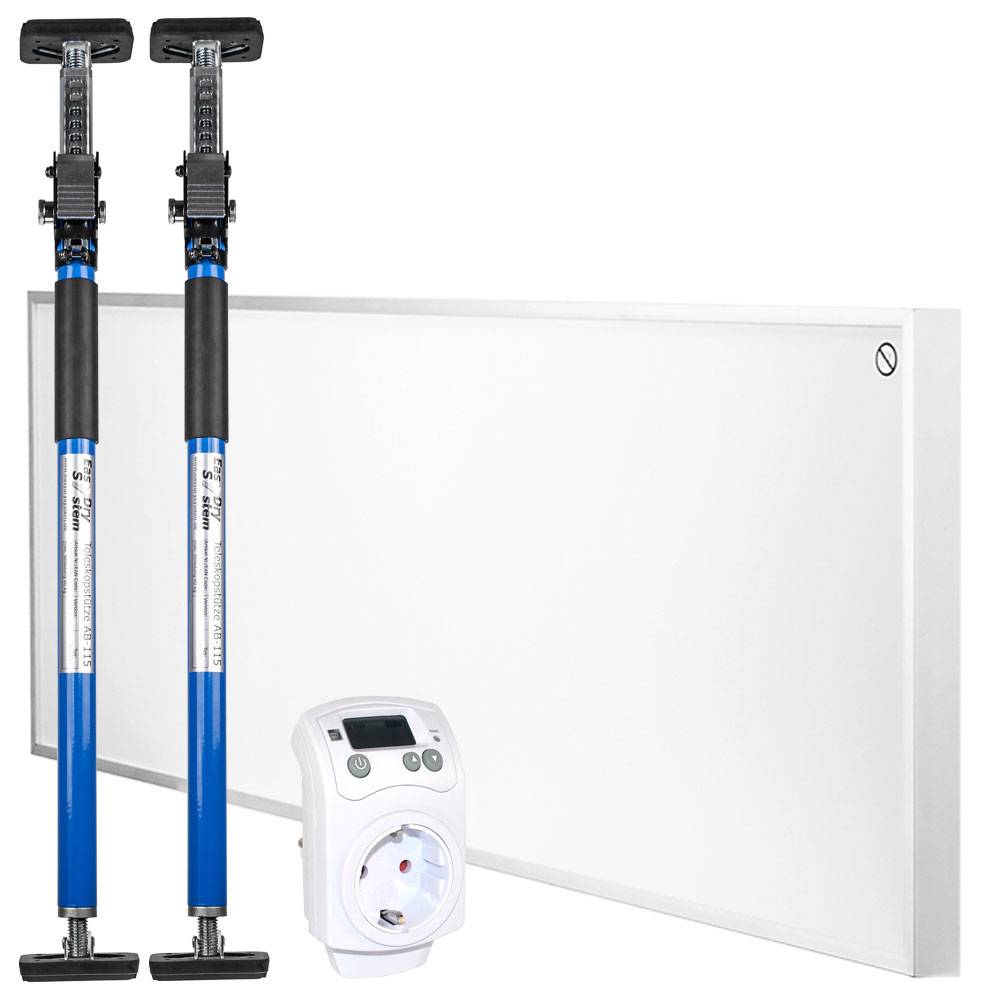 Wandmontiertes weißes elektrisches Panelheizerät mit zwei blauen teleskopischen Trocknungsstangen und einer ansteckbaren Thermostat-Steuereinheit.
