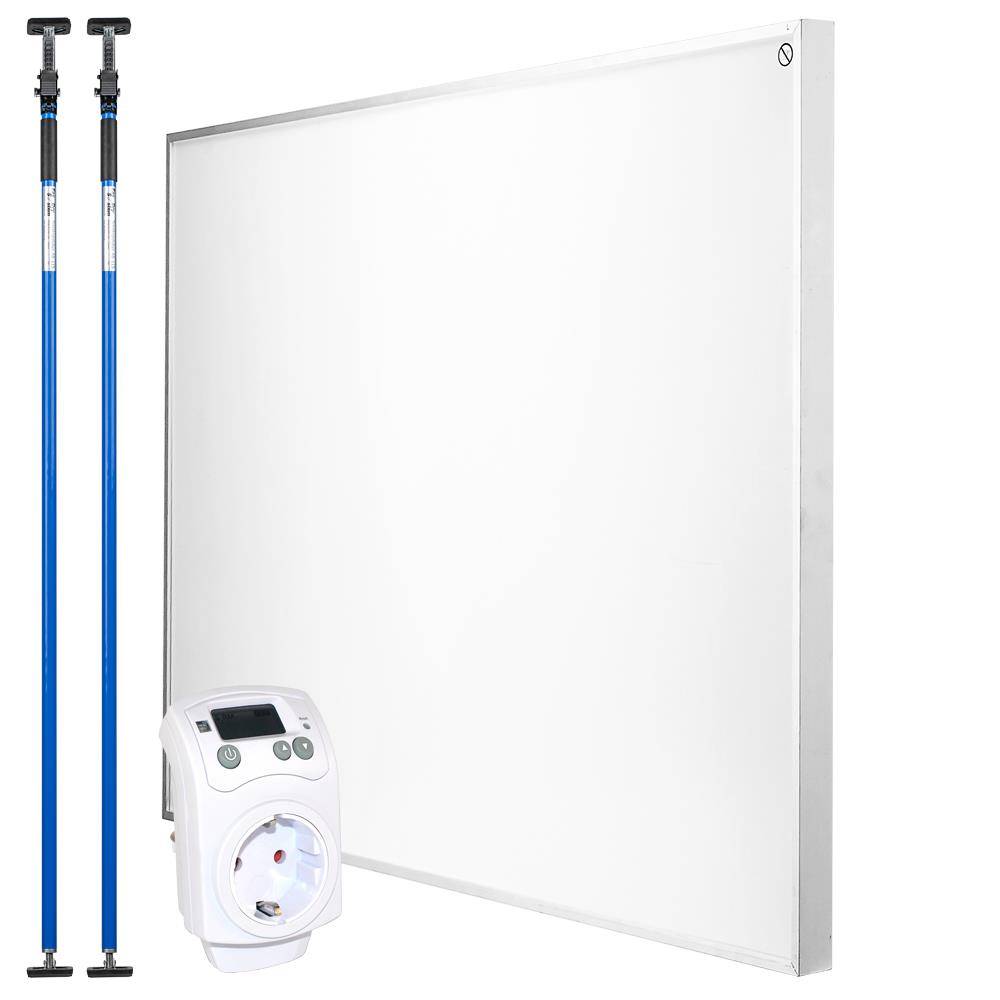 Wandmontiertes elektrisches Strahlungsflächenheizgerät mit zwei ausziehbaren Stützstangen und einer steckbaren Thermostat-Steuereinheit.