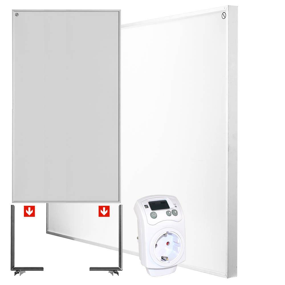 Wandmontiertes elektrisches Flächenheizerät mit digitalem Stecker-Thermostat/Regler und separatem grauem Frontabdeckungspanel.