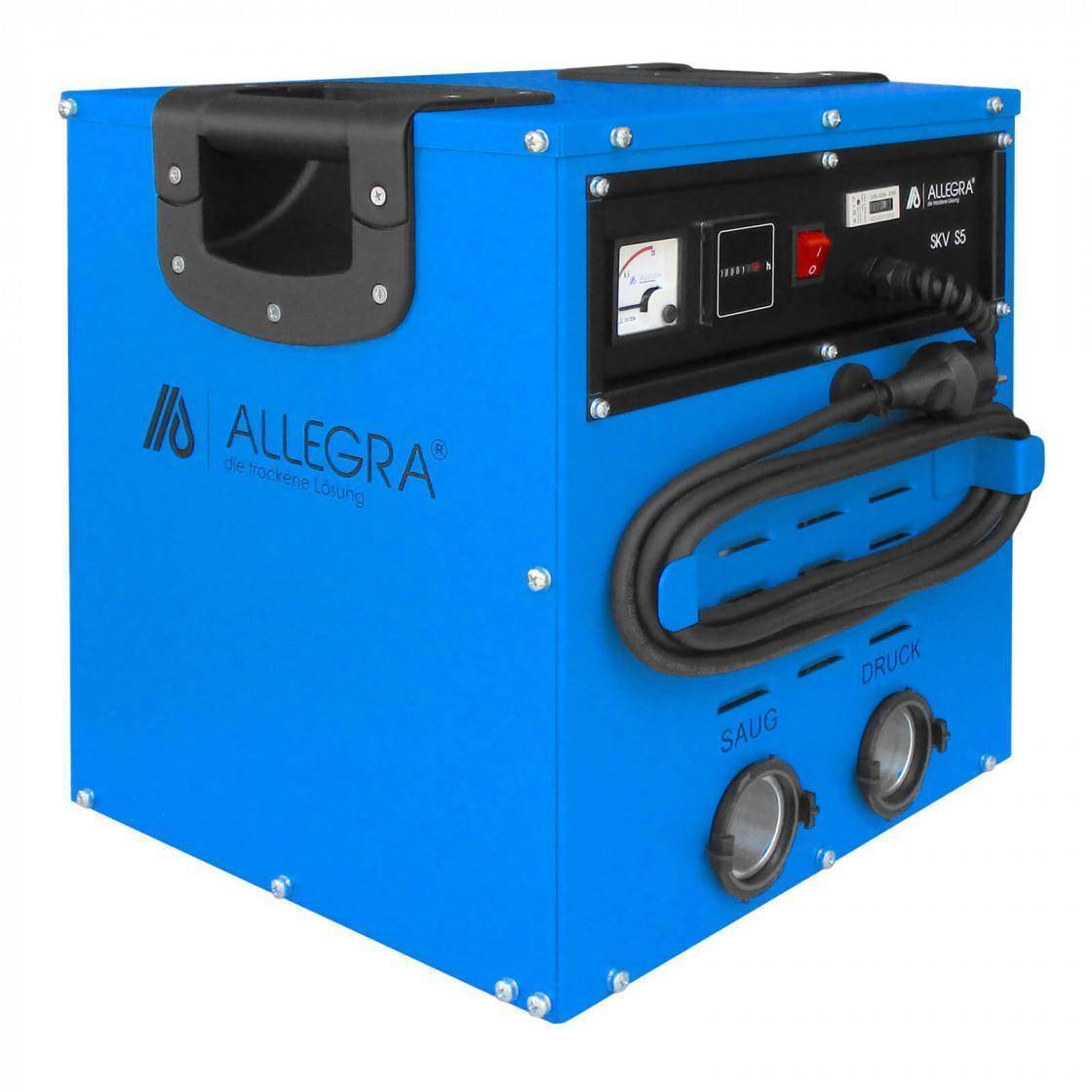 Blaues Allegra SVX 35 Industriestaubsaugergerät mit Tragegriffen, Bedienfeld und beschrifteten Saug- und Druckanschlüssen.