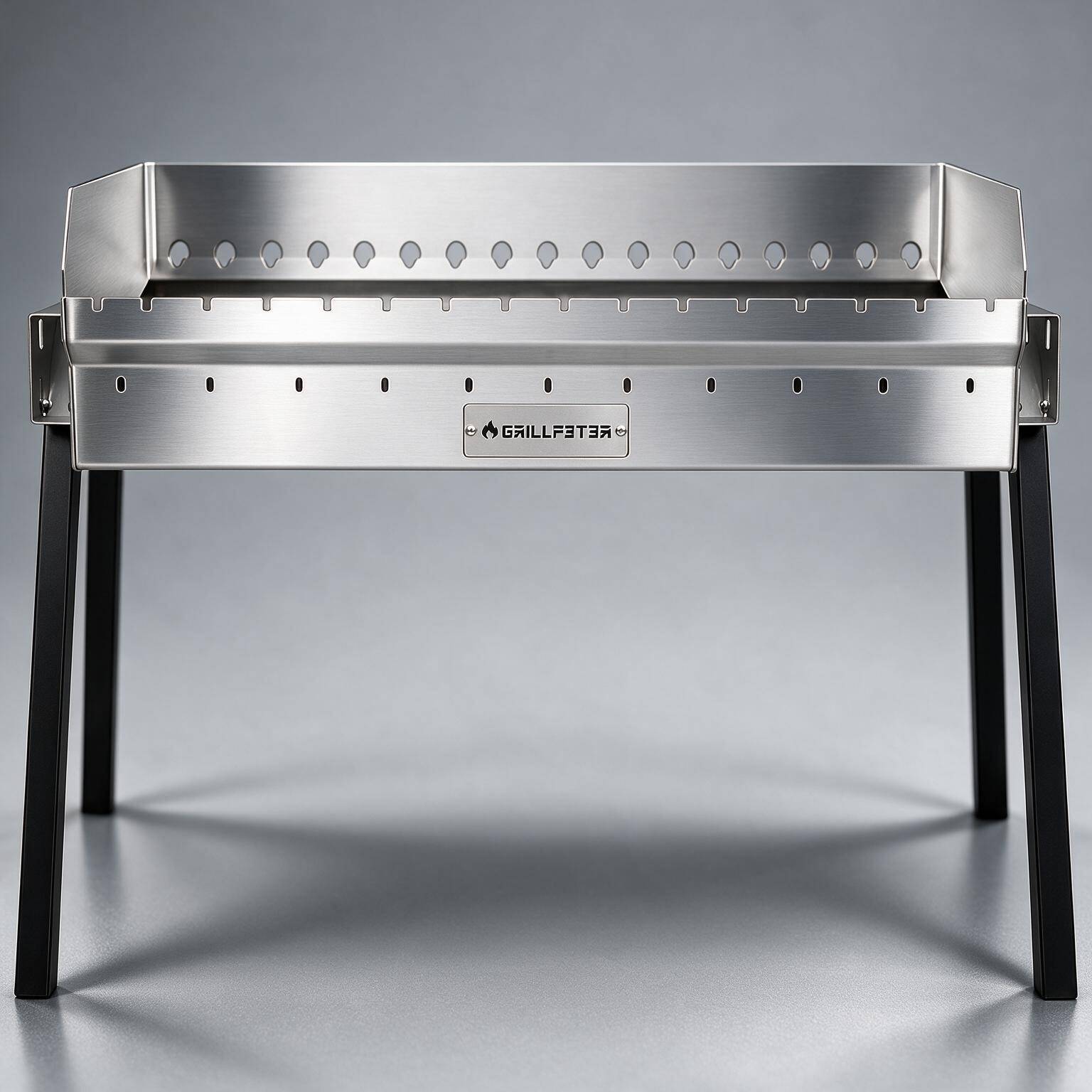Edelstahlgrill mit Holzkohlenbetrieb auf schwarzen Beinen, Vorderansicht vor grauem Hintergrund.