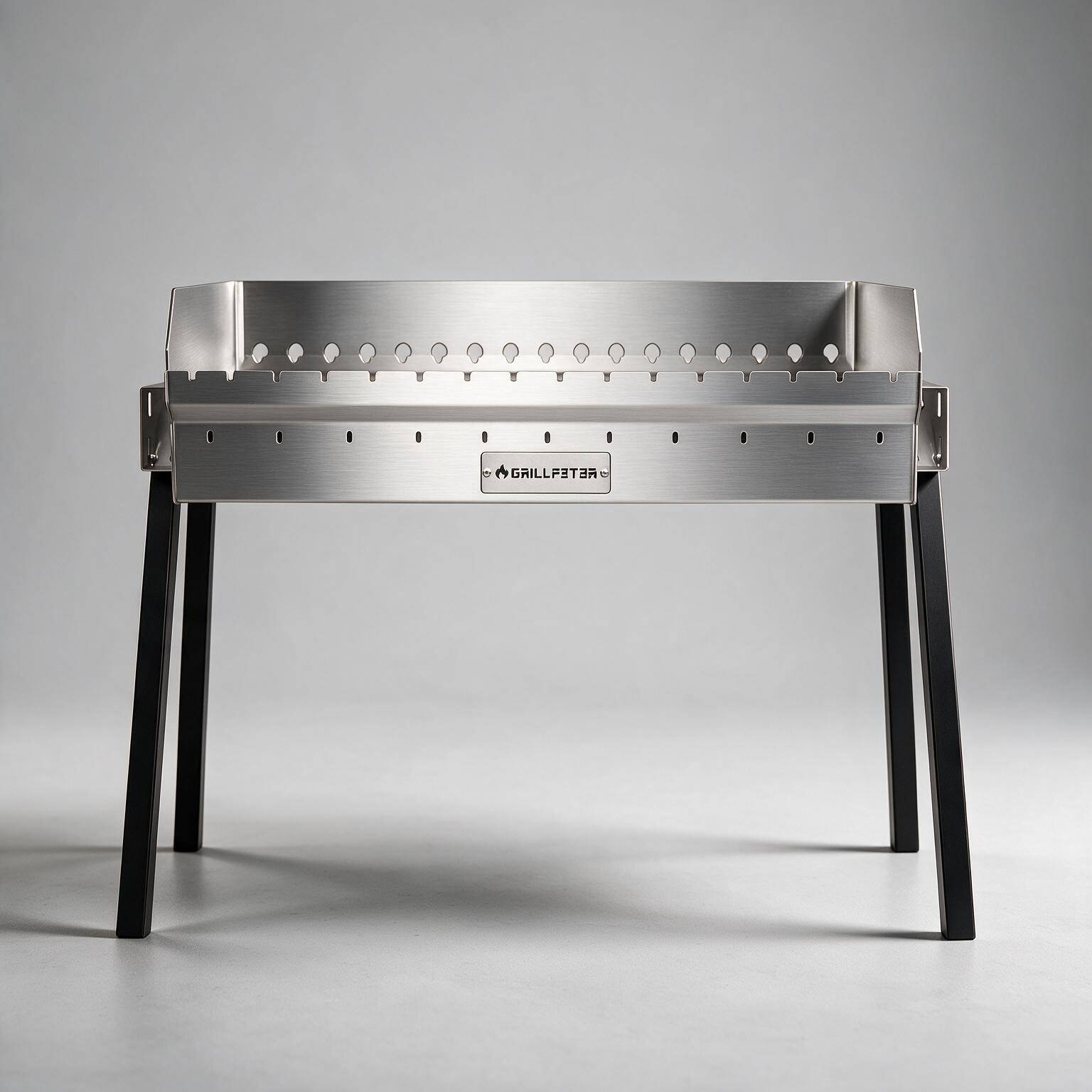 Edelstahl-Tischgrill mit schwarzen Beinen, Vorderansicht auf einfachem grauem Hintergrund.