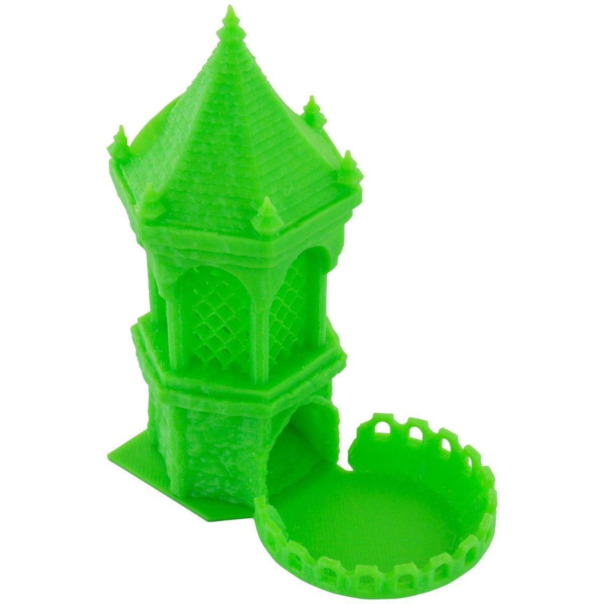 Hellgrüner 3D-gedruckter miniatur Turm oder Pavillon mit rundem Sockel und gewölbten Öffnungen auf weißem Hintergrund.