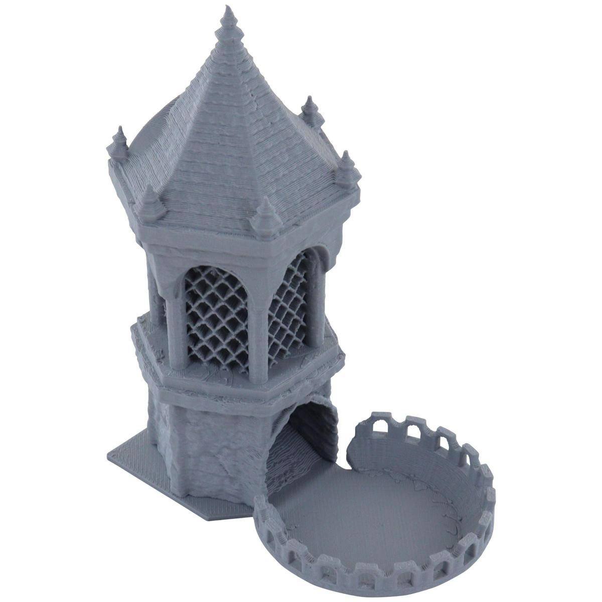 Grauer 3D-gedruckter Fantasy-Turm mit angebrachtem rundem ummauertem Sockel oder Burghof, dargestellt auf weißem Hintergrund.