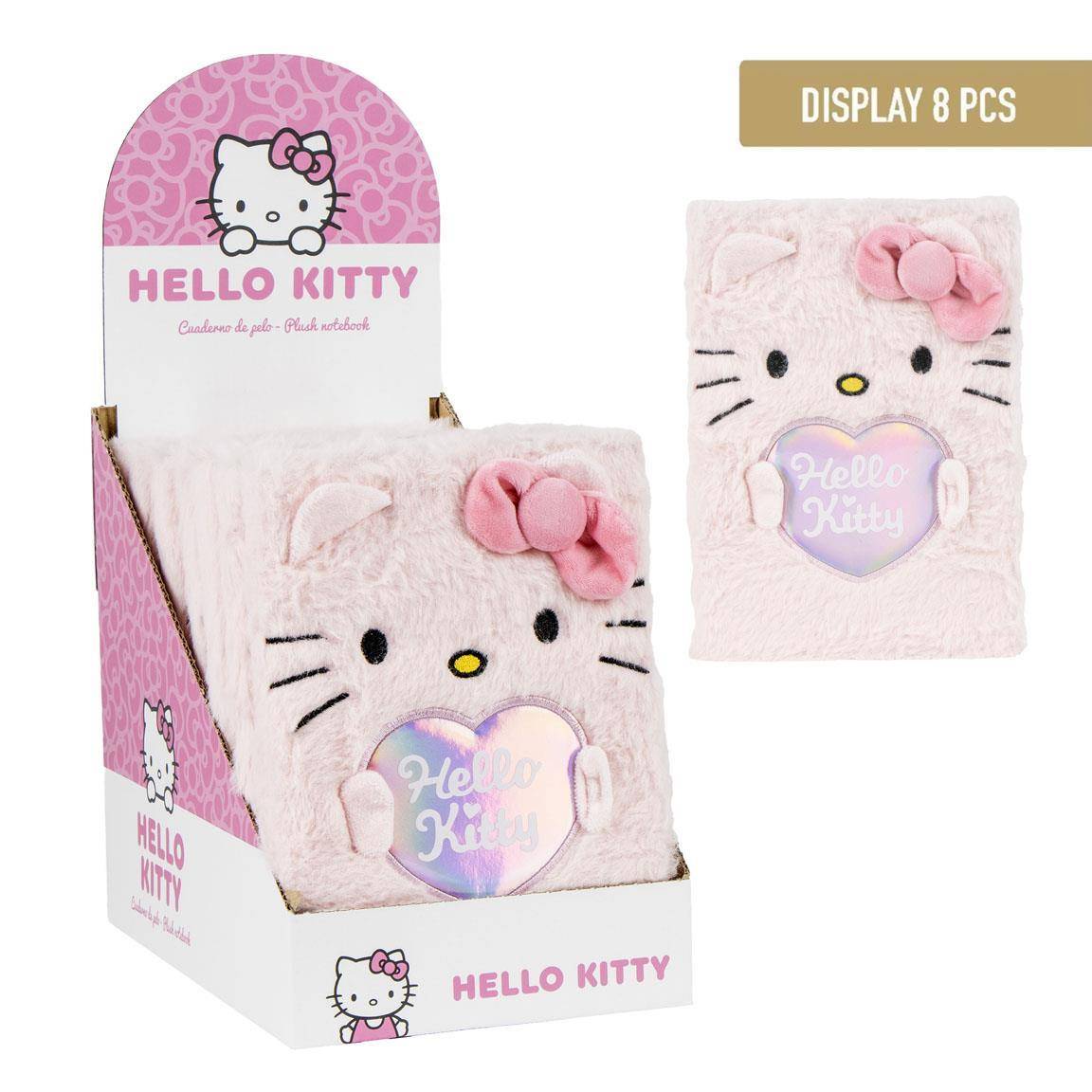 Hello Kitty rosa Plüsch-Notizbuchcover-Displaybox mit einem gezeigten Cover; Etikett sagt 'DISPLAY 8 PCS'.