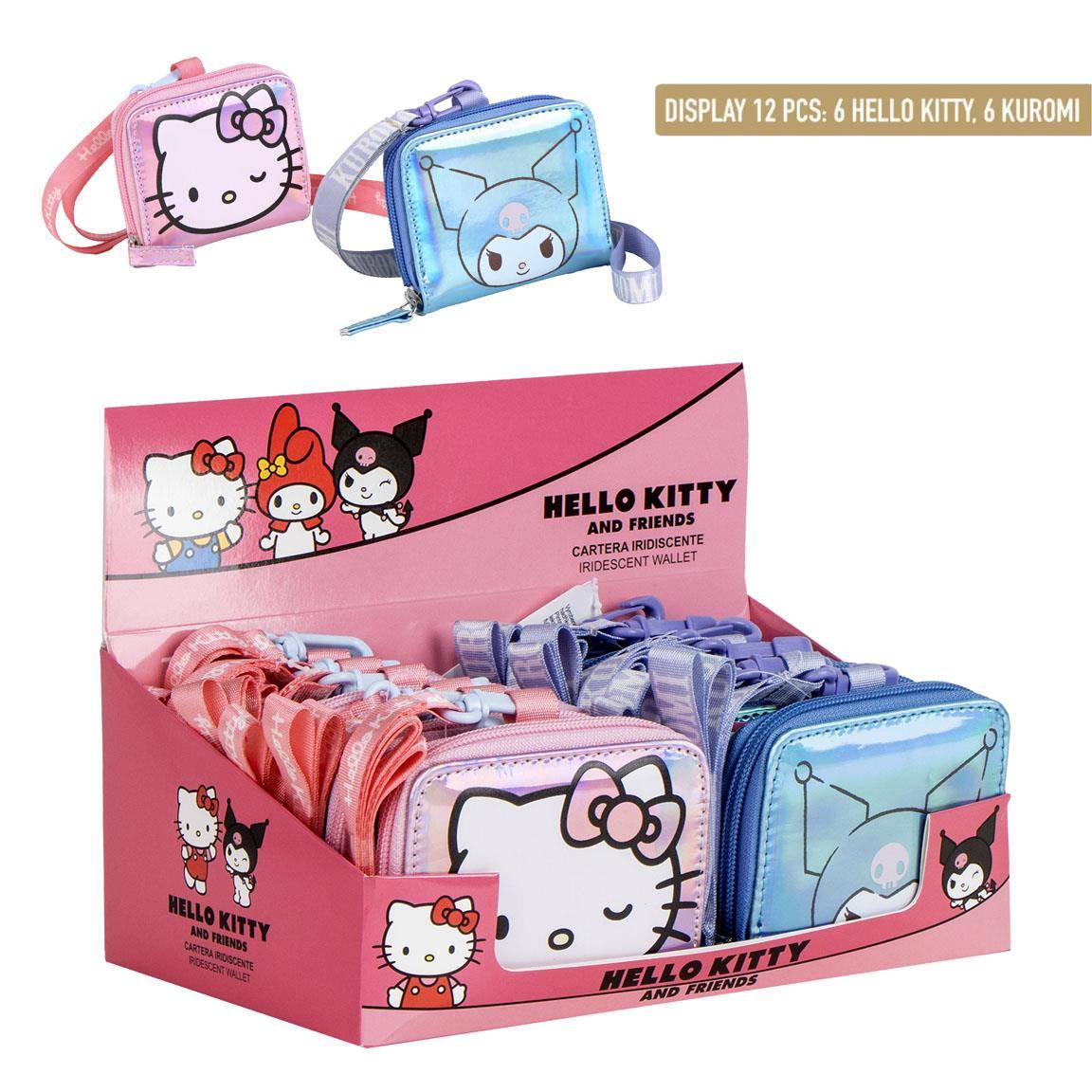 Ausstellungsbox mit Hello Kitty und Freunden Cartoon-Charakter Geldbörsen-Etuis, gekennzeichnet als „Display 12 STK: 6 Hello Kitty, 6 Kuromi