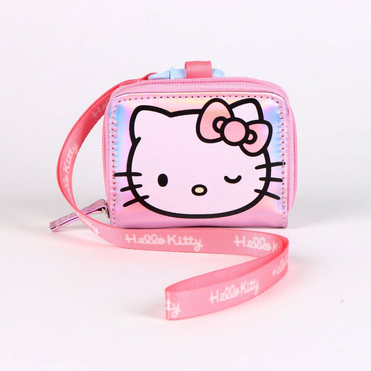Rosa Hello Kitty Mini-Umhängetasche mit Cartoon-Gesicht und passendem Riemen auf weißem Hintergrund.