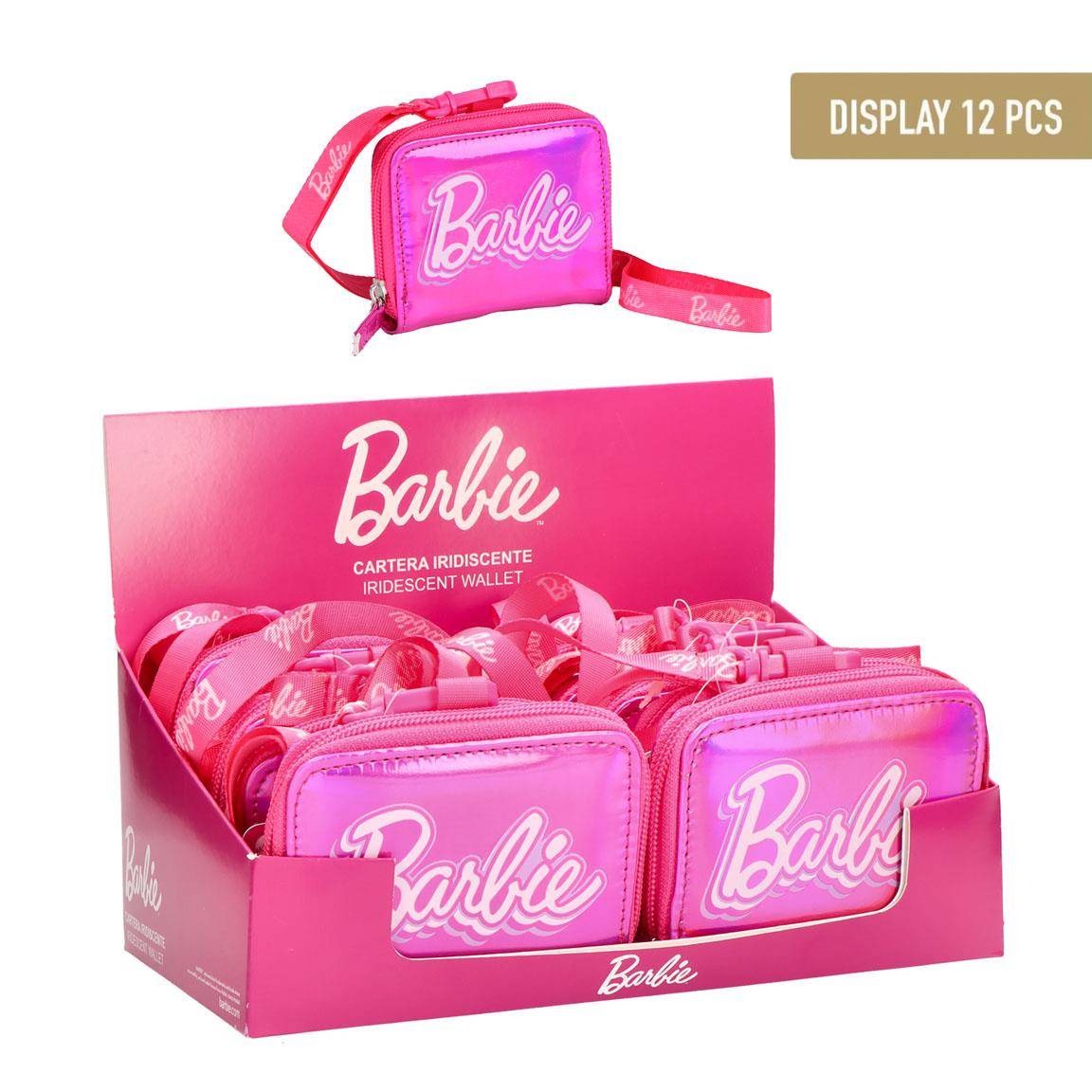 Barbie-Geldbörsen-Set mit Perlmuttglanz in rosa Verpackung, mit einer kleinen Geldbörse mit Reißverschluss und Riemen sowie einer Box mit 12 Stück.