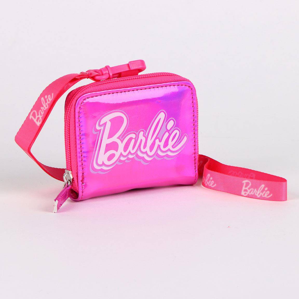 Rosa Barbie-Marken-Umhängetasche mit Reißverschluss und passendem Riemen auf weißem Hintergrund.