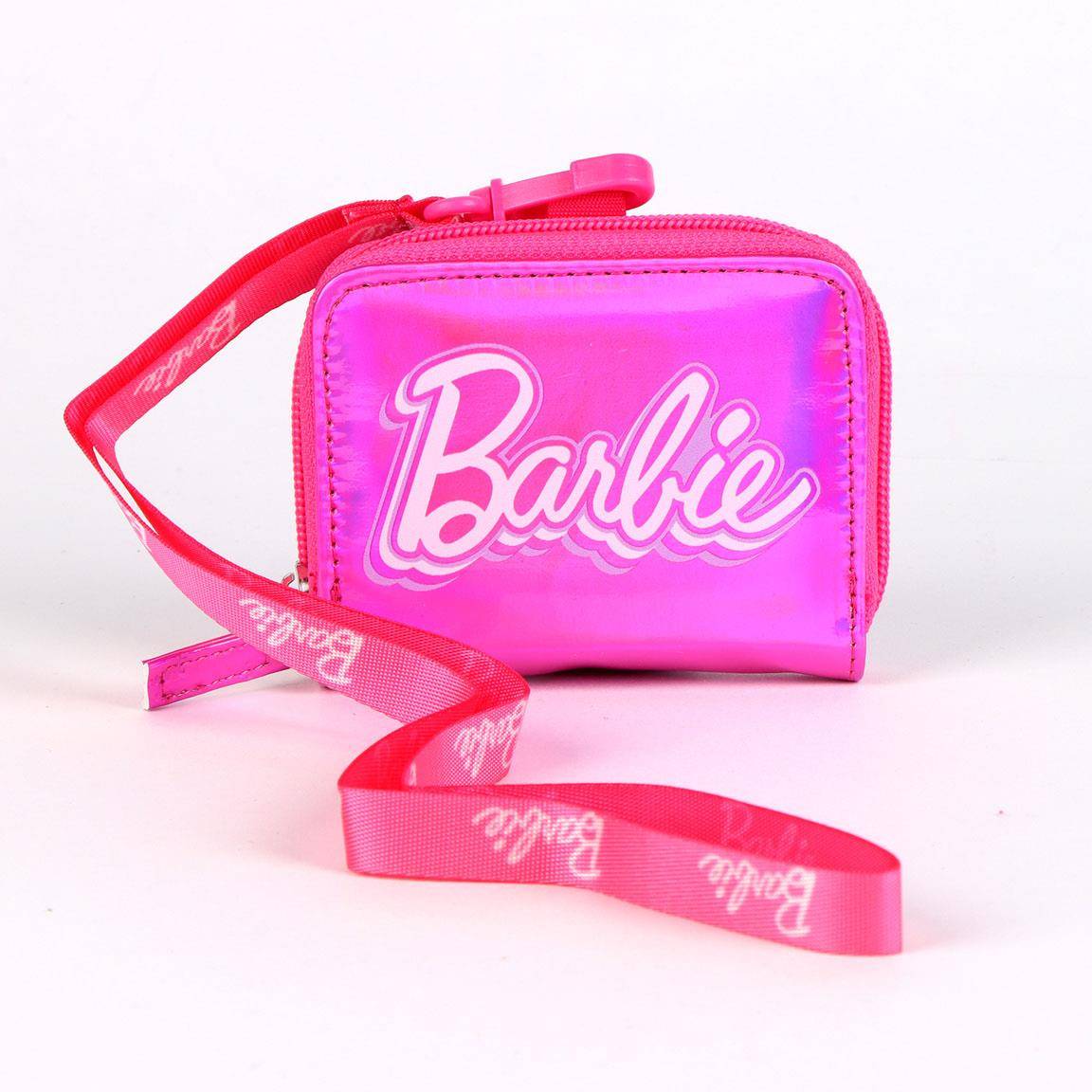 Rosa Barbie-Kosmetiktasche mit Reißverschluss und rotem Trageriemen auf weißem Hintergrund.