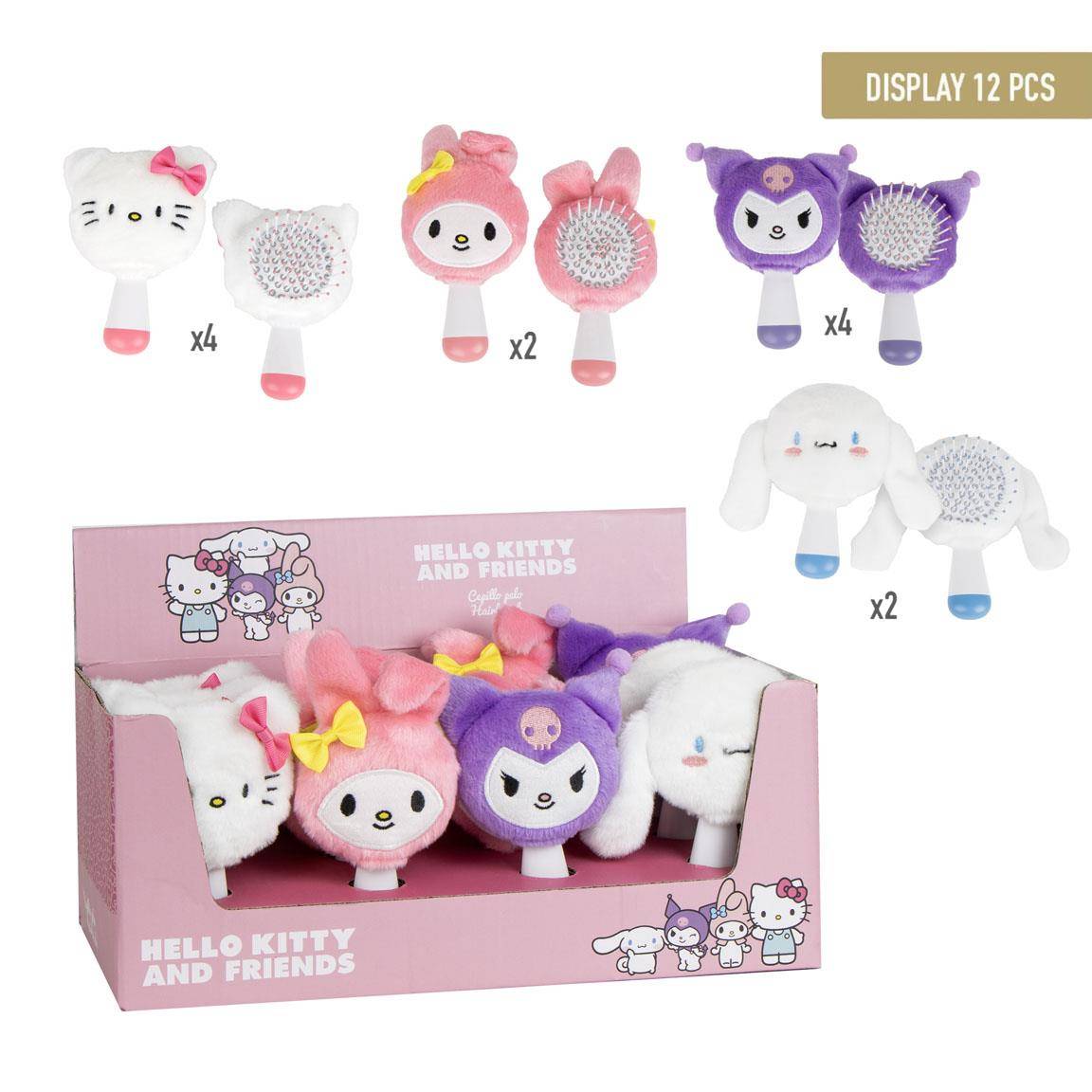 Anzeige von 12 tragbaren Hello Kitty and Friends Bürsten in vier Charakterstilen, präsentiert in einer rosa Einzelhandelsbox mit Mengenangaben für jedes Design.