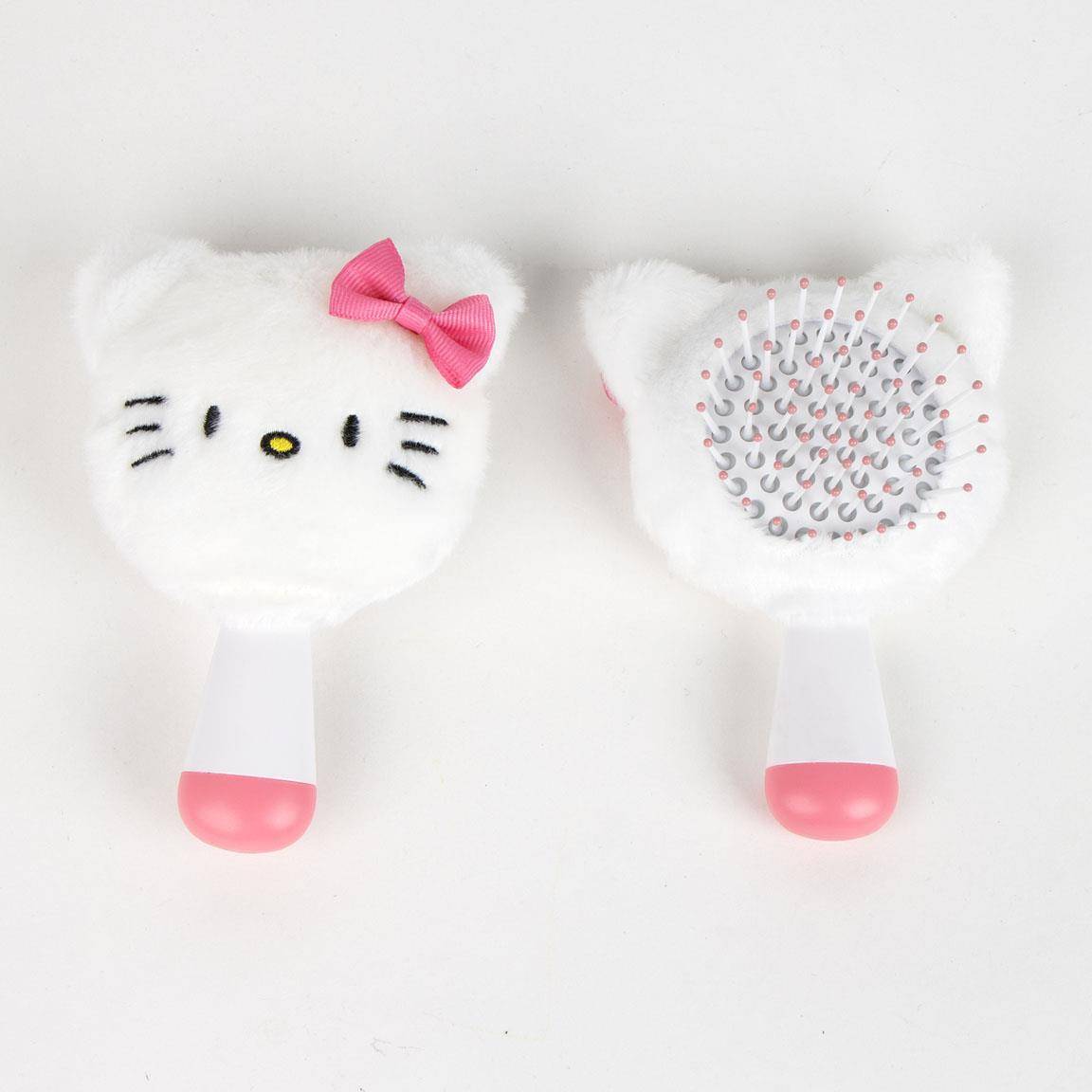 Paar flauschiger weißer Hello-Kitty-Haarbürsten mit rosa Griffen auf weißem Hintergrund, eine zeigt das Hello-Kitty-Gesicht mit einer Schleife und die andere zeigt die Bürstenseite.