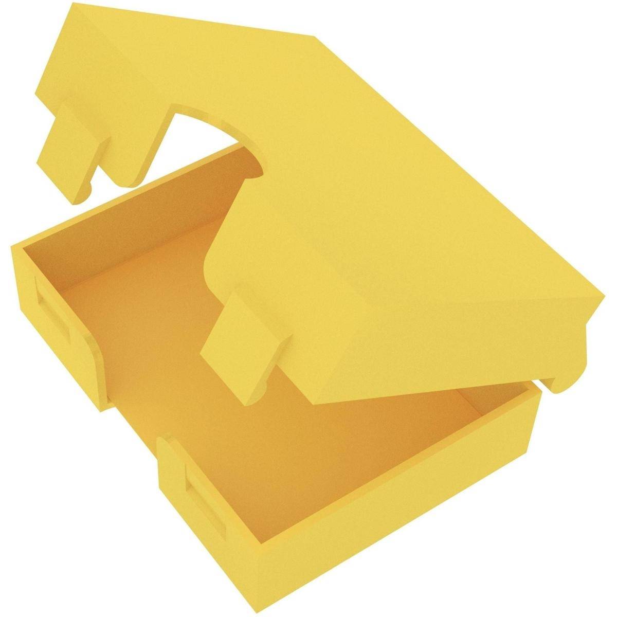 Gelbe offene Pappbox zum Mitnehmen mit Klappdeckel, leer auf weißem Hintergrund dargestellt.