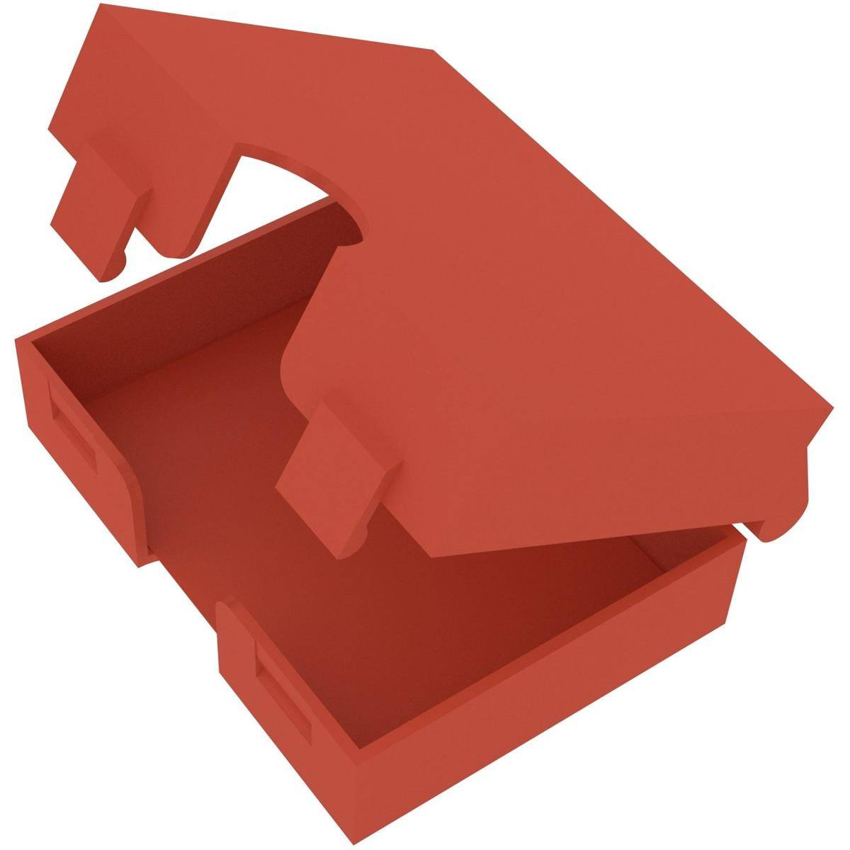 Rote 3D-offene Schachtel oder Behälter mit angehobenem Deckel über der Basis, auf weißem Hintergrund dargestellt.