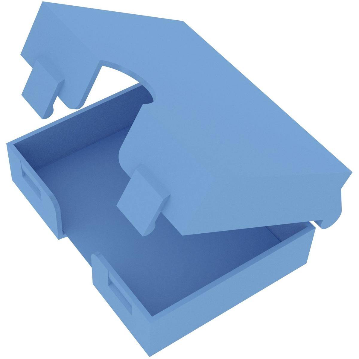 Offene blaue Pappschachtel mit angehobenem Deckel, das leere Innere zeigend.