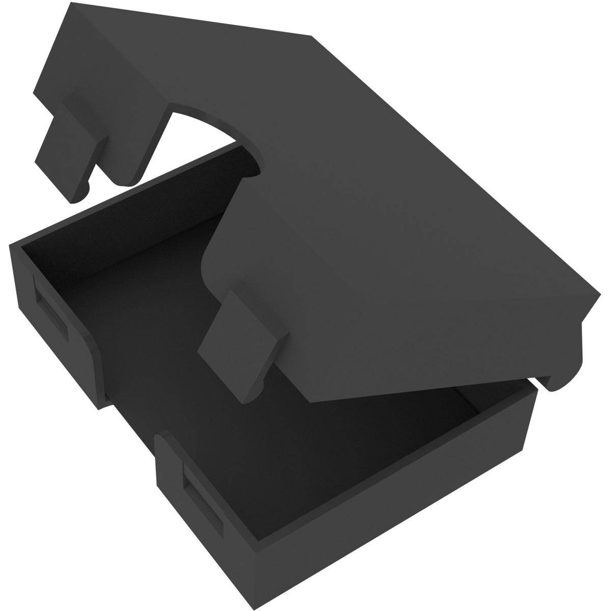 Schwarze Kunststoff-Lagerschachtel mit Schnappverschluss, die offen gezeigt wird, mit dem Deckel, der teilweise über der Basis auf weißem Hintergrund angehoben ist.