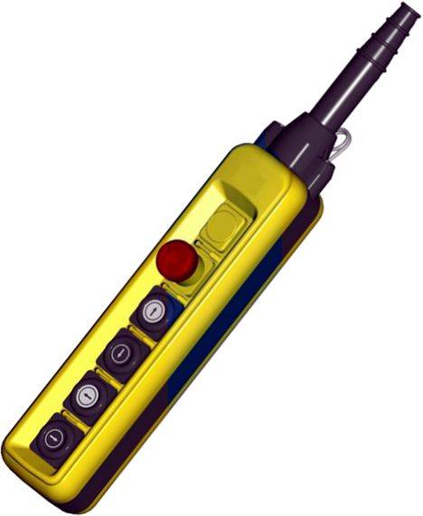 Gelbe tragbare Fernbedienung mit vier Tasten und einem roten Notausschalter, oben mit einer dunkelnen antenne-ähnlichen Befestigung versehen.