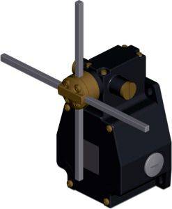 3D-Darstellung eines schwarzen mechanischen Aktuators oder Getriebekastens mit einer Messingbuchse und zwei sich kreuzenden Metallstangen.