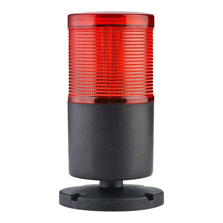 Rote zylindrische Warnleuchte mit schwarzem Sockel auf einer runden Montageplattform, dargestellt auf weißem Hintergrund.