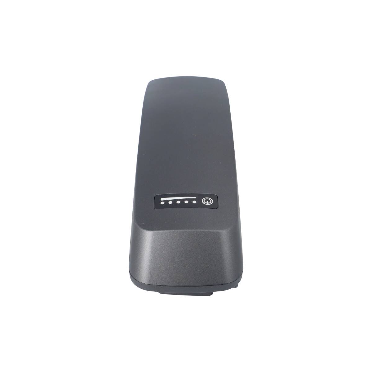 Schwarzes Akku-Pack oder Power Bank von oben auf weißem Hintergrund abgebildet, mit einem kleinen Ladestands-Anzeiger auf der Vorderseite.