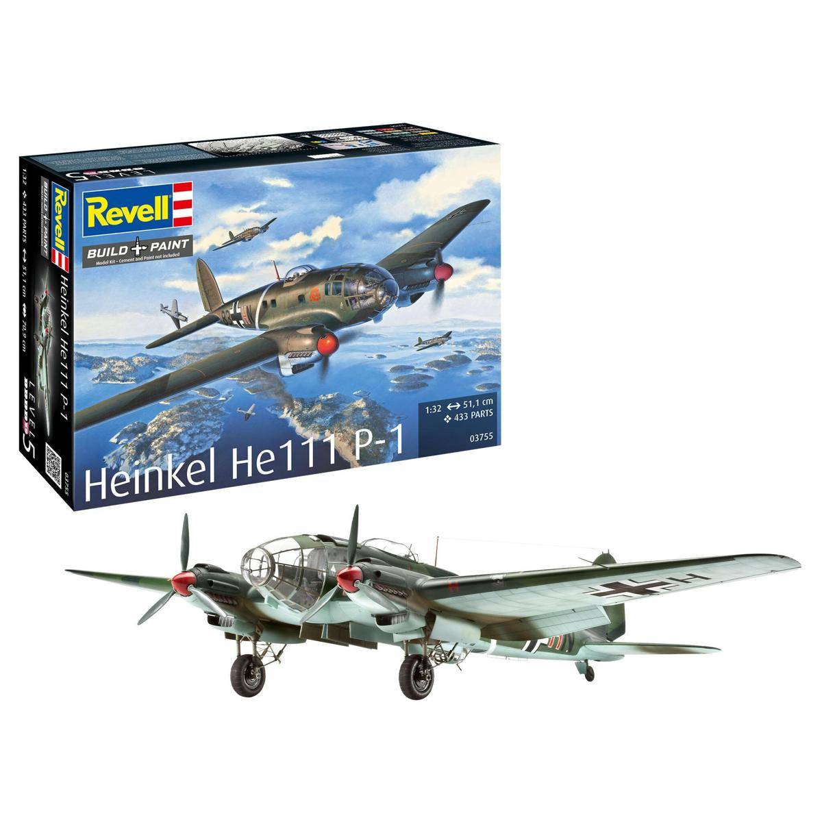 Revell Heinkel He 111 P-1 Modellbausatz-Schachtel und zusammengebautes zweimotoriges Flugzeug aus dem Zweiten Weltkrieg auf weißem Hintergrund.