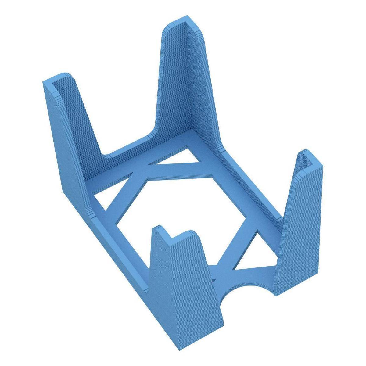 Blaue 3D-gedruckte geometrische Halterung oder Ständer mit vier aufrechten Stützen und einer sechseckigen zentralen Öffnung, gezeigt auf weißem Hintergrund.