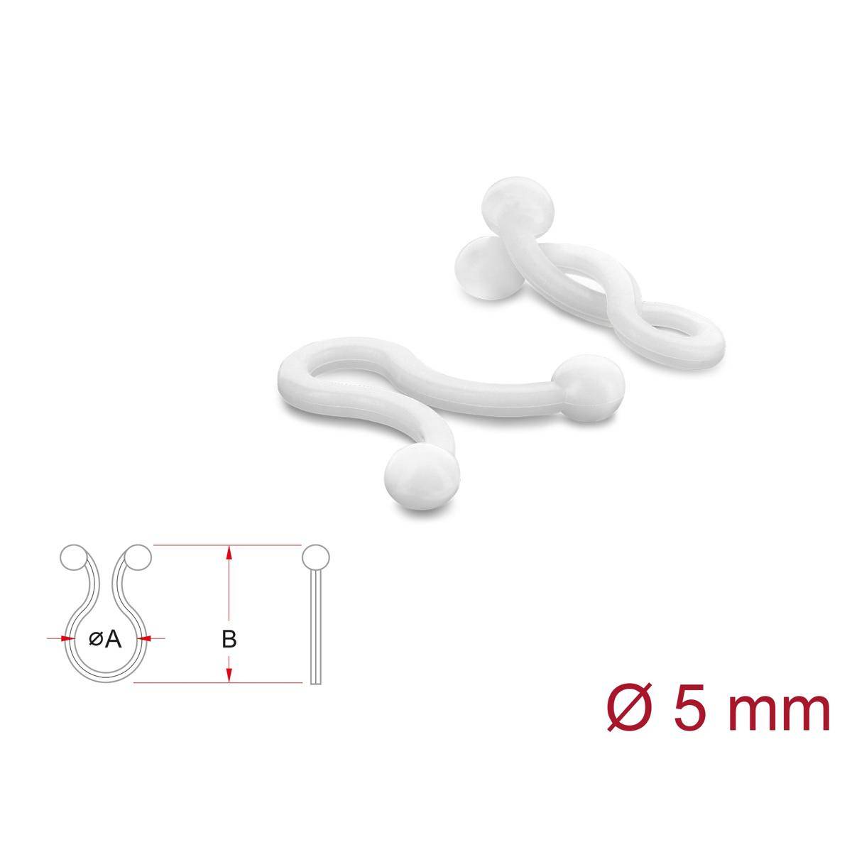 Weiße Kunststoff-Dekorationshaken mit Kugelenden, gezeigt mit einem Maßstabdiagramm mit der Bezeichnung „Ø 5 mm