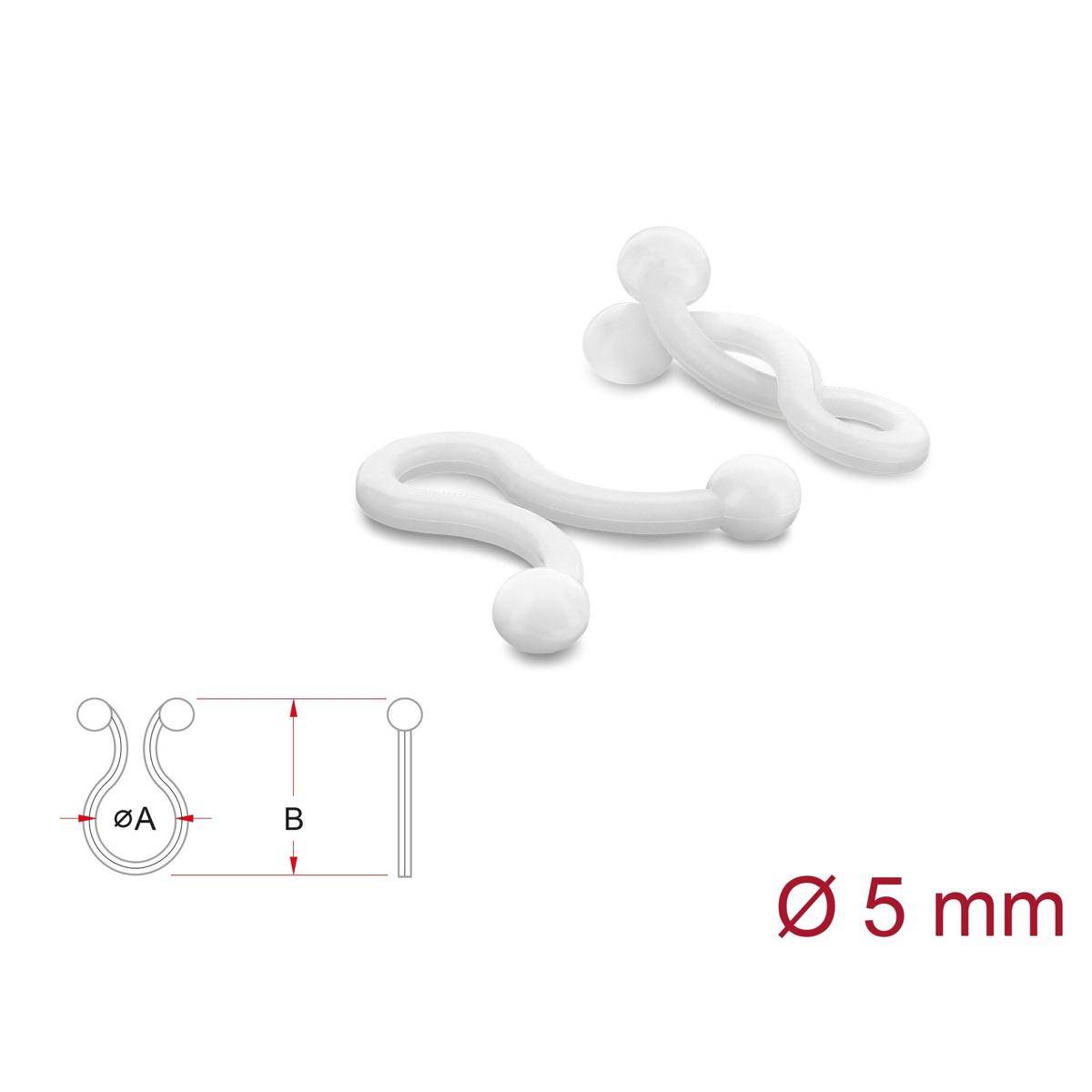 Weiße Kunststoffklemmen-Befestigungen, dargestellt mit einem Bemaßungsdiagramm mit der Bezeichnung „Ø 5 mm