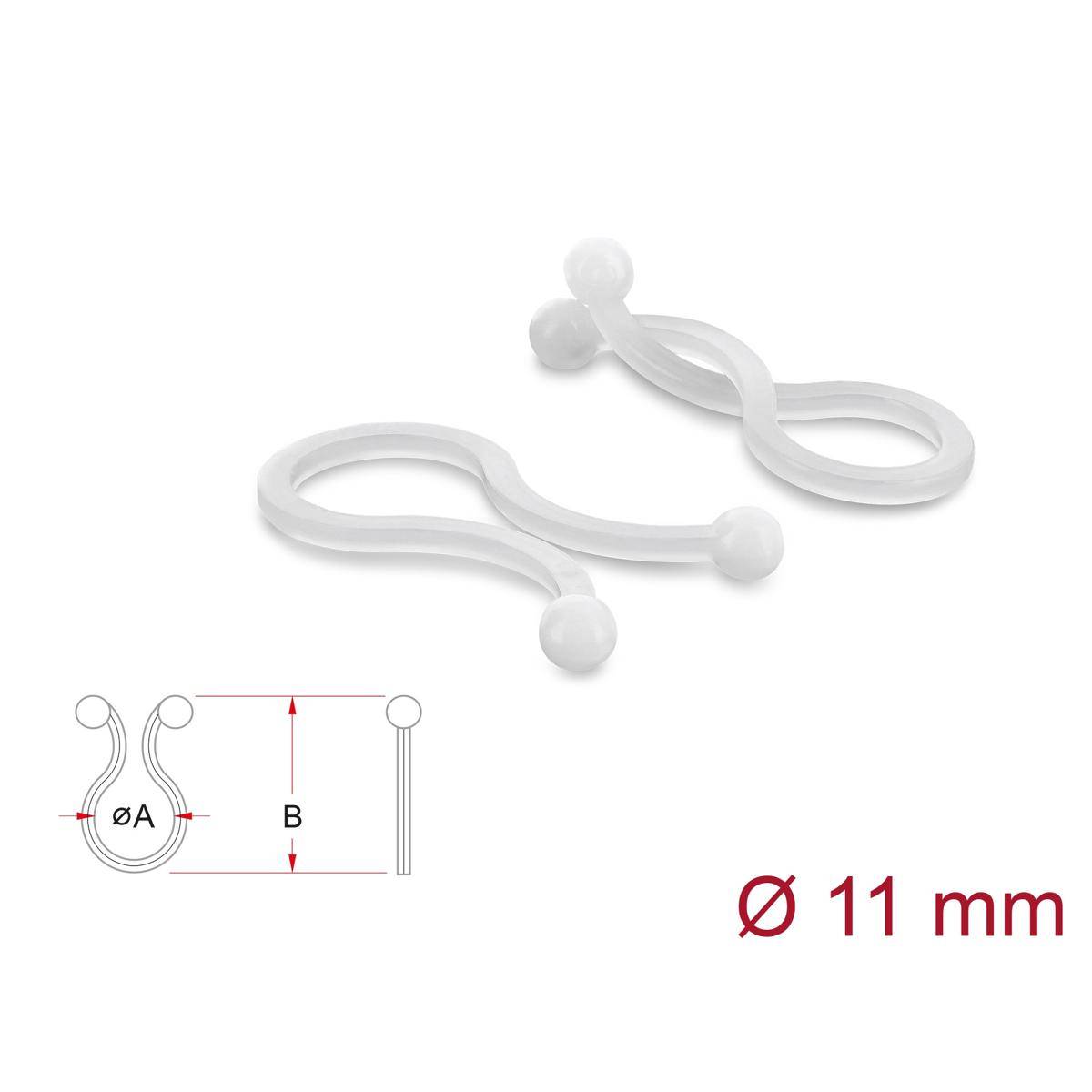 Weiße Silikon-Schlaufenverschlüsse mit einem kleinen Maßstabdiagramm mit den Bezeichnungen A und B und dem Text „Ø 11 mm