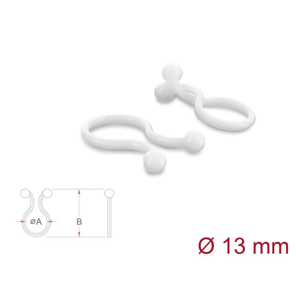 Weiße elastische Schleifen mit Kugeln, gezeigt mit einem Dimensionsdiagramm, das die Größe 'Ø 13 mm' angibt.