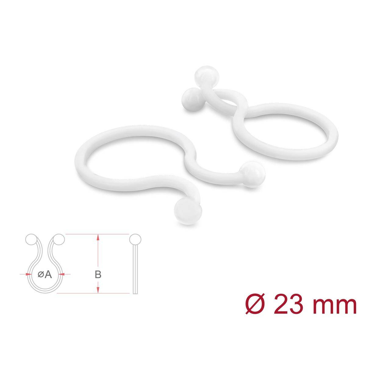 Illustration einer weißen Kunststoff-Sicherheitsnadel mit Verschluss, mit Maßangabe, die eine Breite von 23 mm zeigt, und einem kleinen Diagramm mit den Bezeichnungen A und B.