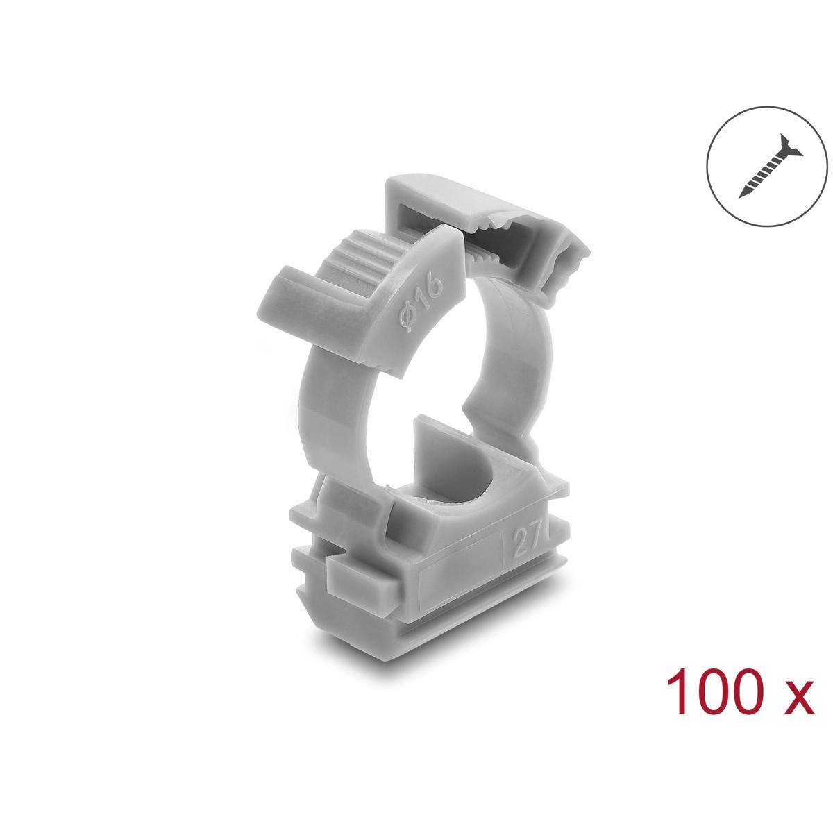 Graue Kunststoffkabelklemme für 4-6 mm Drähte, dargestellt als 100er-Pack-Zubehör mit Schraubensymbol, das eine Schraubenbefestigung anzeigt.