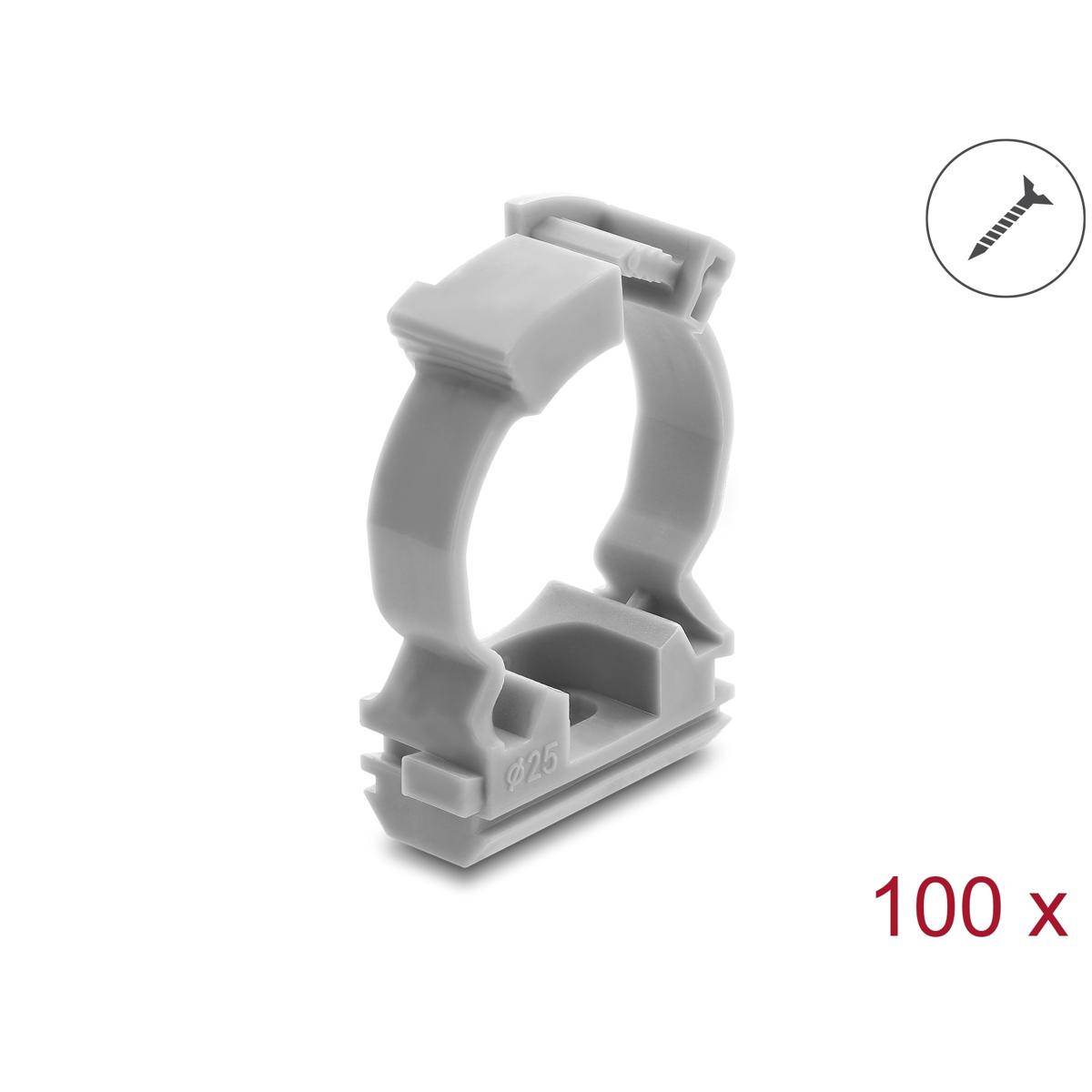 Grauer Kunststoff-Kabelclip für Schraubenbefestigung, dargestellt mit Schraubensymbol und Menge „100 x