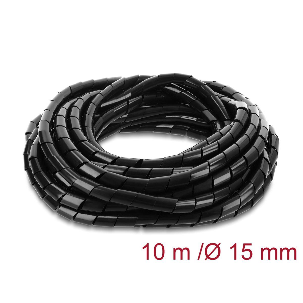 Gewellte schwarze Spiralkabelschutzschlauch, beschriftet mit 10 m / Ø 15 mm, auf weißem Hintergrund.