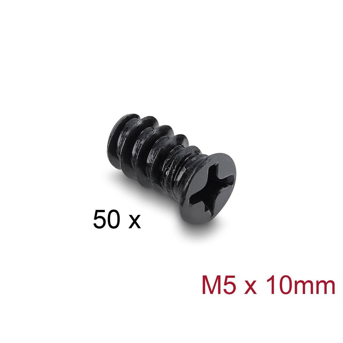 Schwarze M5 x 10mm Schraube auf weißem Hintergrund gezeigt, mit der Beschriftung „50 x