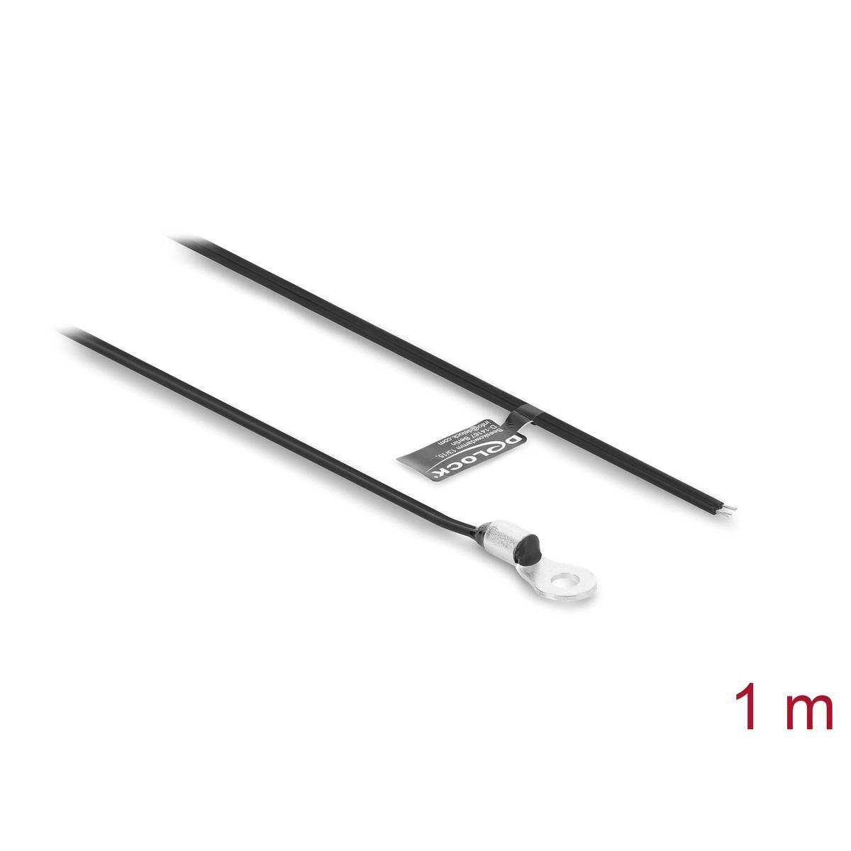 Zwei schwarze Kabelbinder mit einer metallischen Schleife am Ende, dargestellt auf weißem Hintergrund und mit 