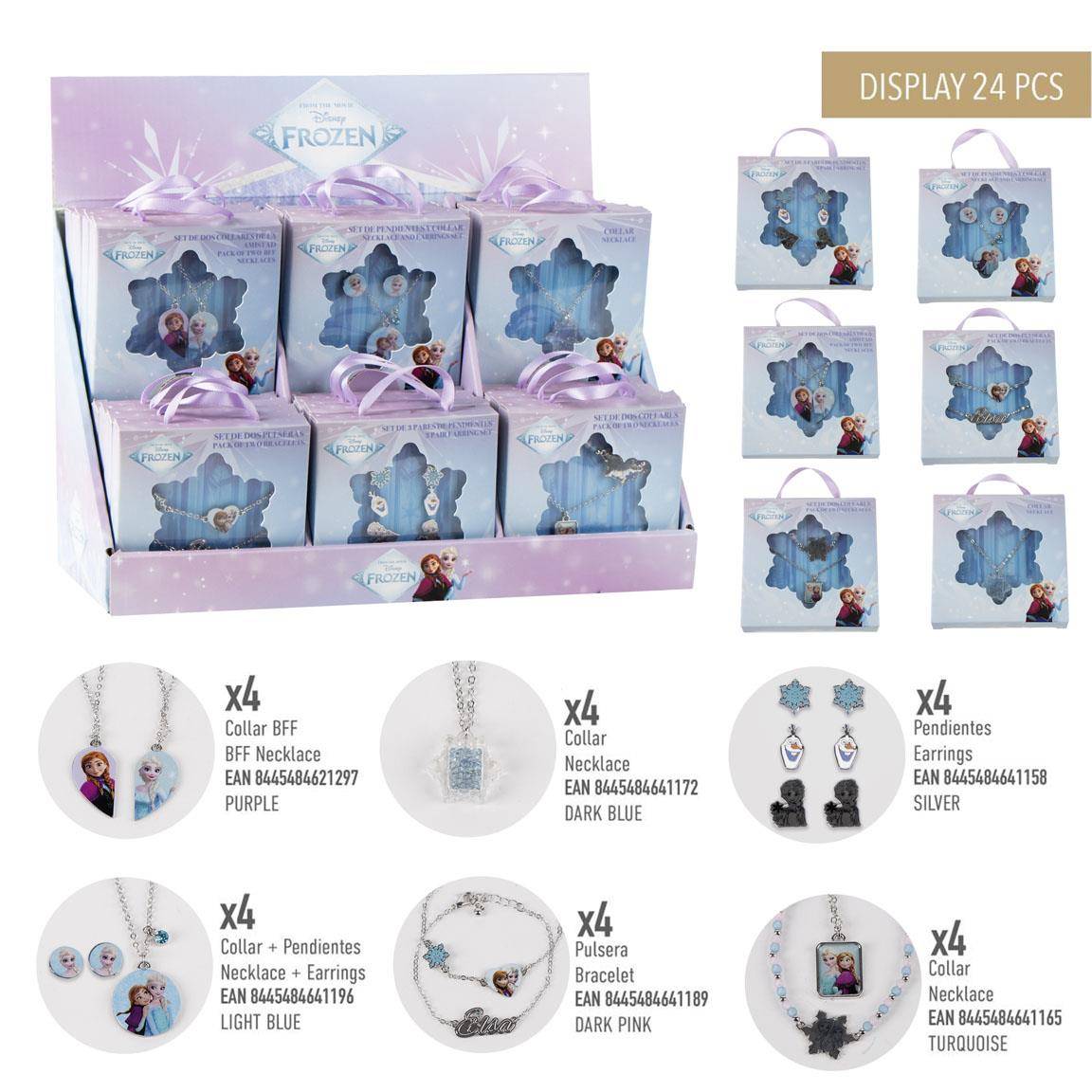 Schmuckdisplay mit Frozen-Thema mit 24 Stücken, zeigt Halsketten, Ohrringe und Armbänder in Lila, Dunkelblau, Hellblau und Dunkelrosa, plus Musterverpackungseinheiten.