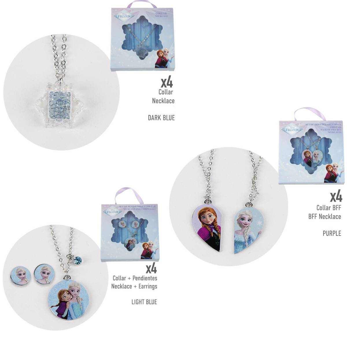 Werbegrafik mit vier gefrorenen Schmucksets in Präsentationsboxen: dunkelblaue Halskette, violette BFF-Halsketten und hellblaue Halskette mit passenden Ohrringen.