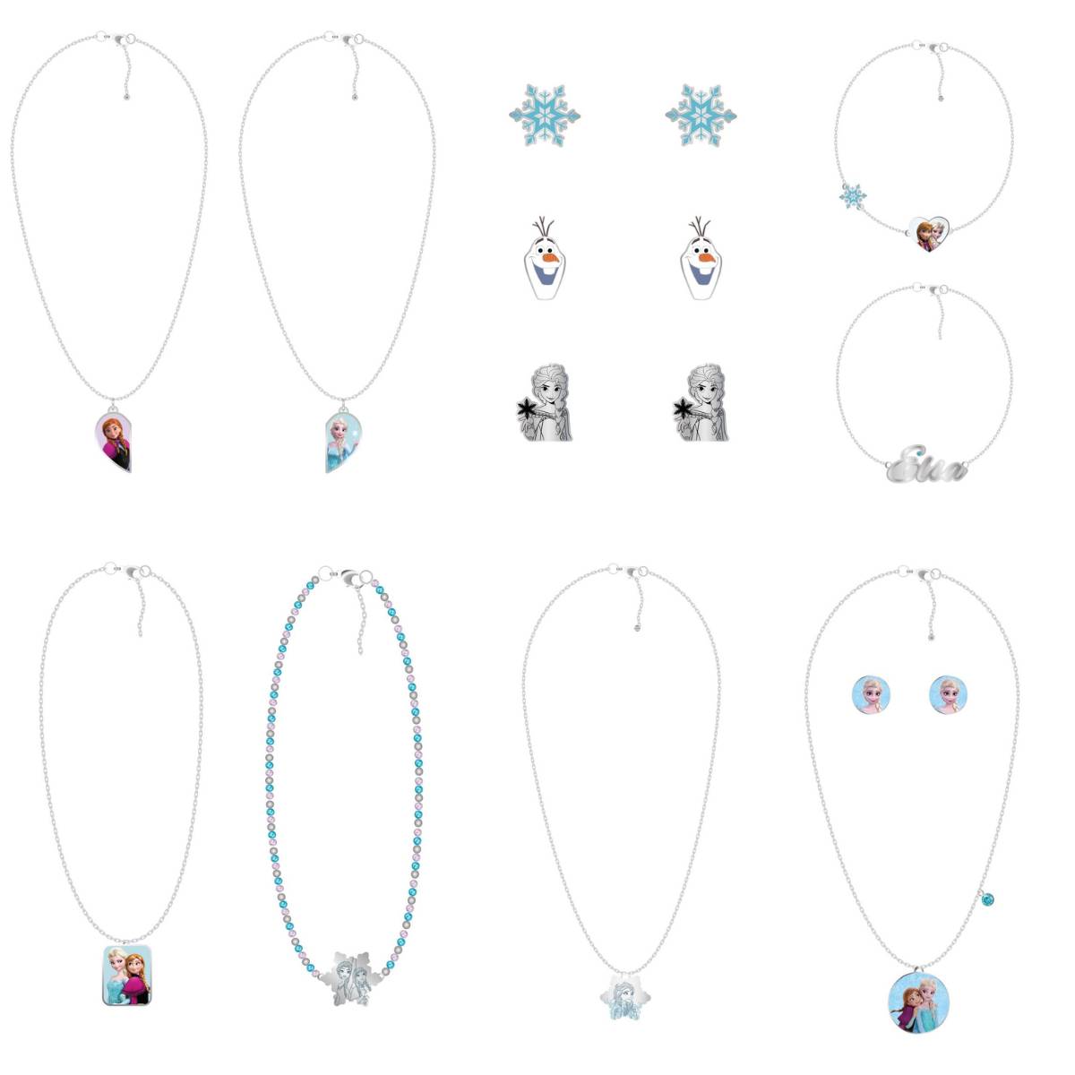 Collage aus silbernen Halsketten- und Armband-Charm-Designs mit Frozen-Charakteren, Schneeflocken, Olaf und Prinzessinnenbildern auf weißem Hintergrund.