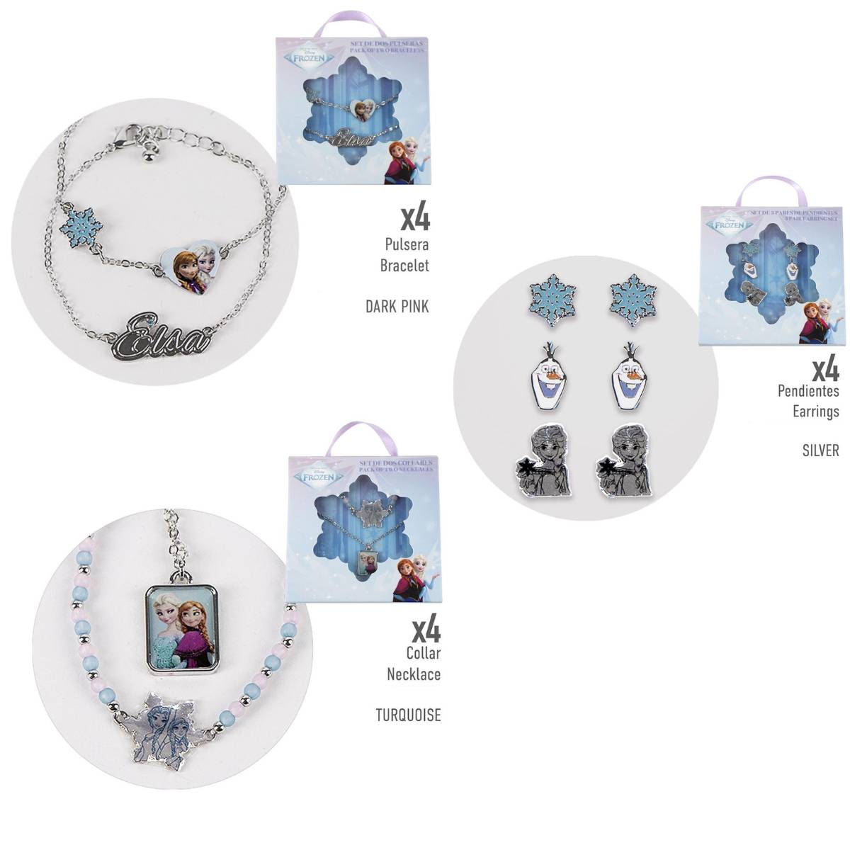Produktcollage mit Frozen-Schmucksets: ein dunkelrosa Armband, silberne Ohrringe und eine türkisfarbene Halskette, jeweils in markenbezogener Verpackung.