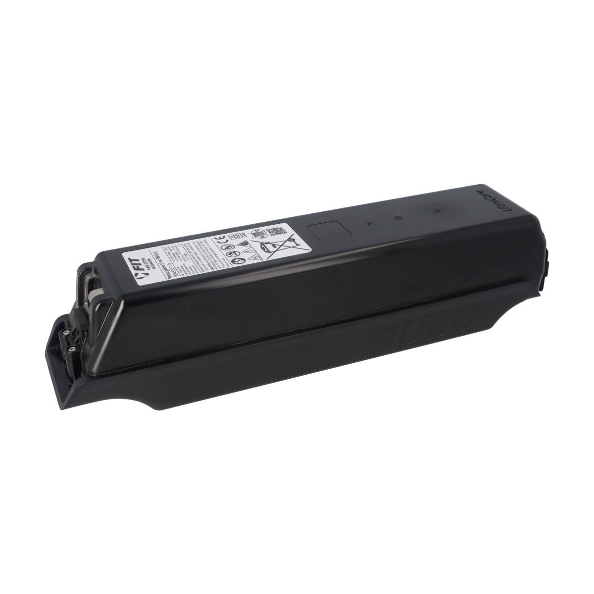Schwarze wiederaufladbare Batteriepakete auf weißem Hintergrund, in Seitenansicht mit einer Beschriftung oben angezeigt.