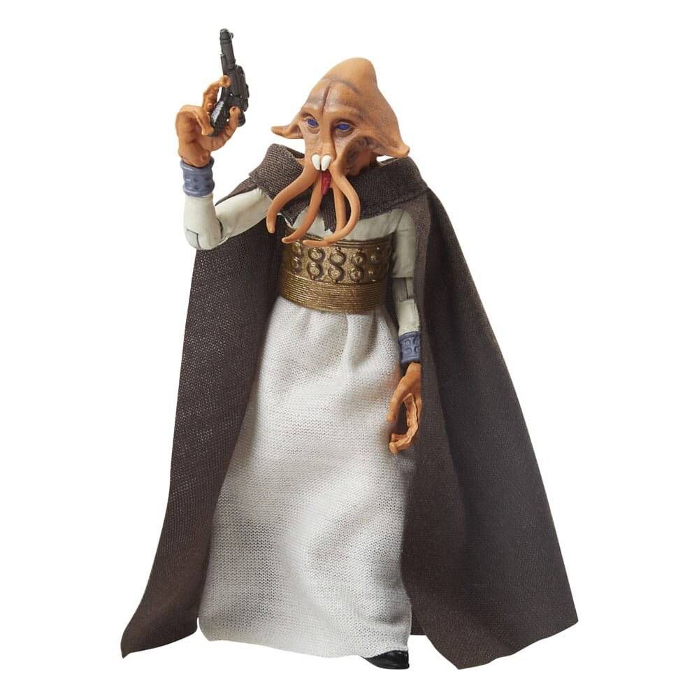 Eine vermummte, außerirdisch wirkende Actionfigur in einem weißen Gewand und dunklem Umhang, die eine erhobene Pistole hält.