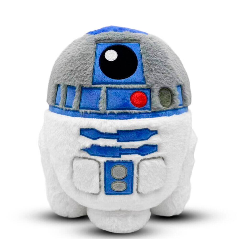 Weiches Spielzeug, das R2-D2 aus Star Wars ähnelt, weiß und grau mit blauen Details, gezeigt vor einfachem Hintergrund.