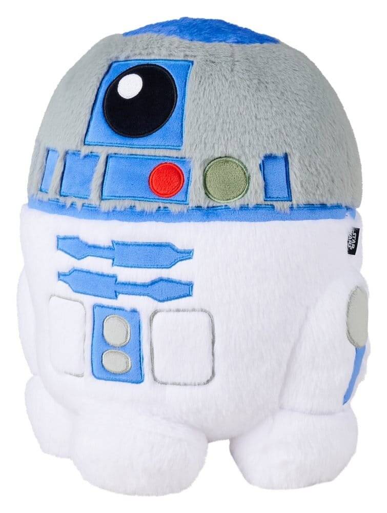 Plüschspielzeug von R2-D2, dem weißen und blauen Star-Wars-Droiden, von vorne gezeigt auf einfachem Hintergrund.