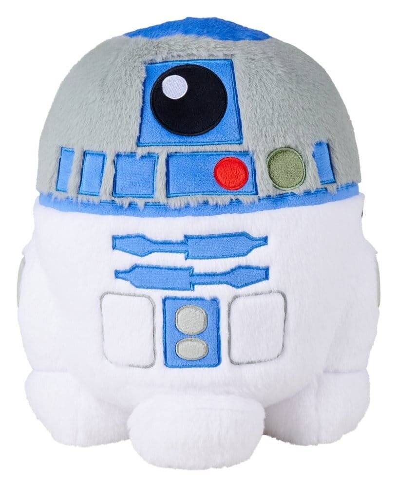 Ein kuscheliges R2-D2-Roboter-Spielzeug mit einer blau-weißen Kuppel und gestickten Bedienfeldern auf weißem Hintergrund.